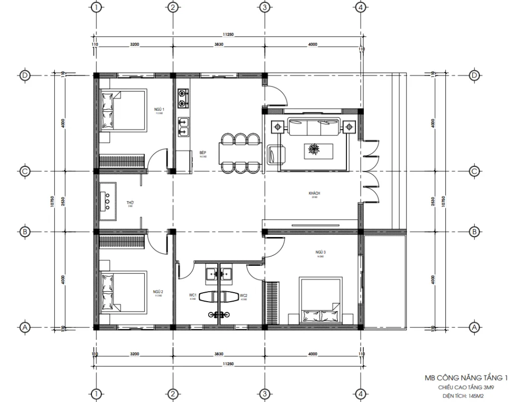 Bản vẽ bố trí công năng mẫu nhà cấp 4 mái Nhật 3 phòng ngủ diện tích 145m2.