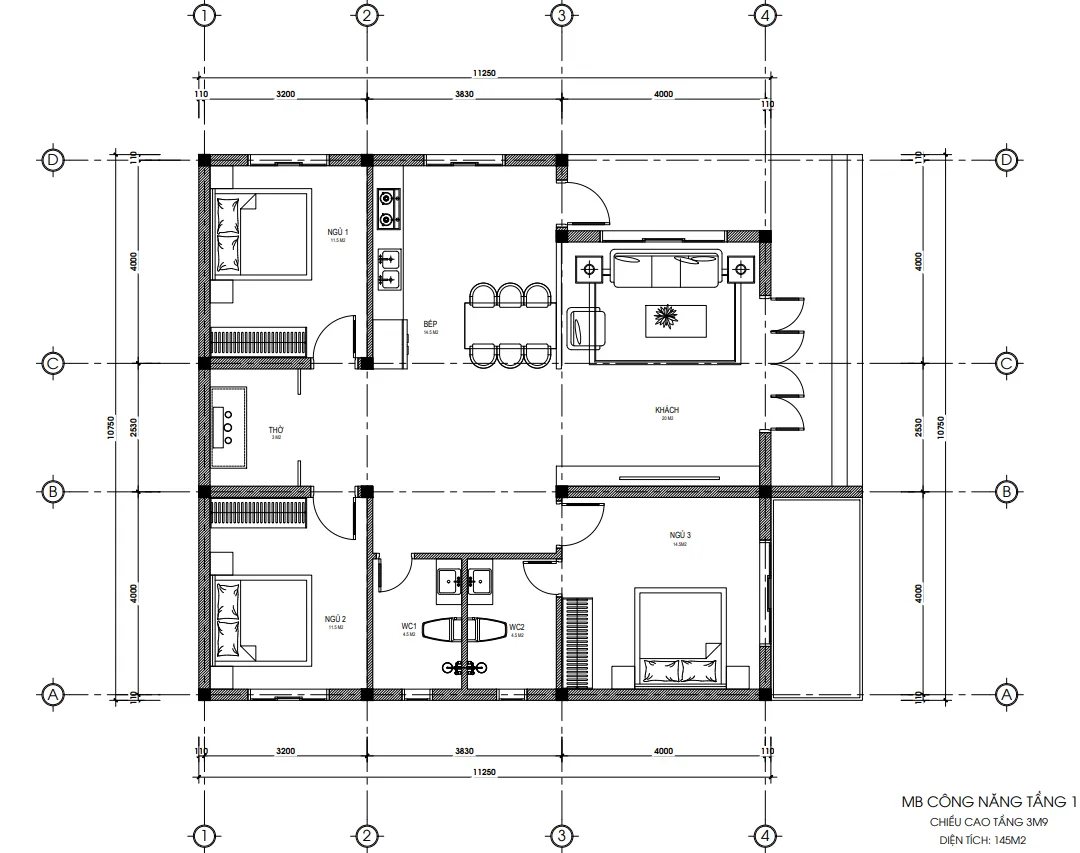 Bản vẽ bố trí công năng mẫu nhà cấp 4 mái Nhật 3 phòng ngủ diện tích 145m2.