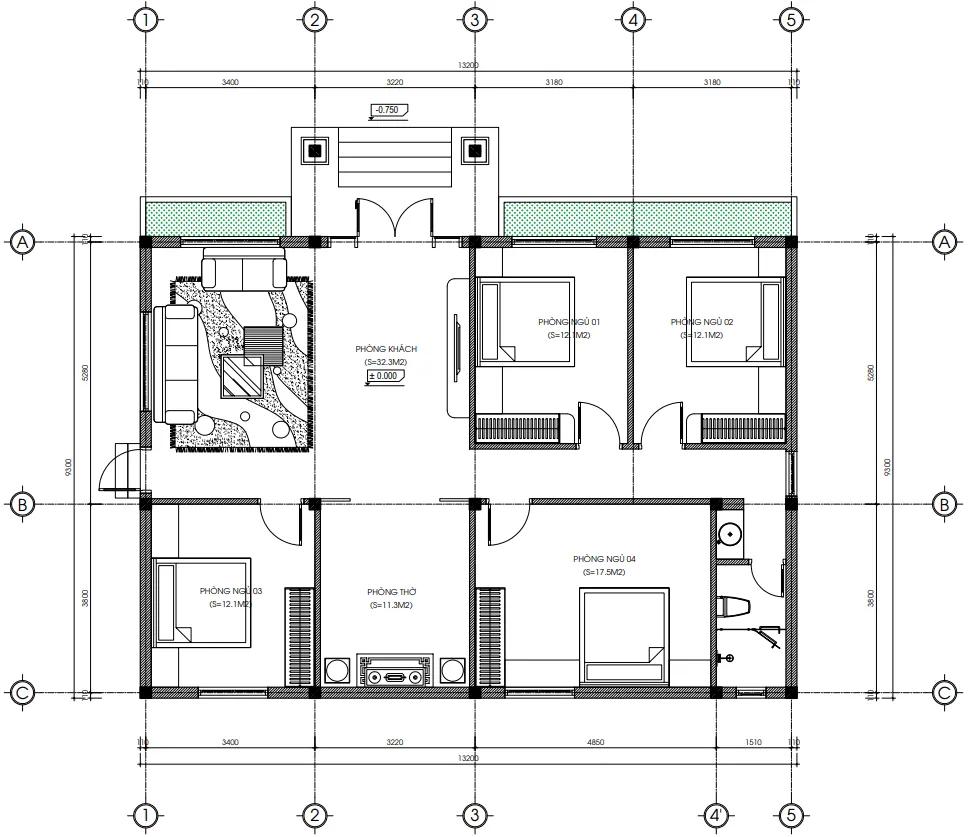 Bản vẽ mặt bằng tầng 1 mẫu nhà mái Nhật 4 phòng ngủ diện tích thiết kế 131m2.