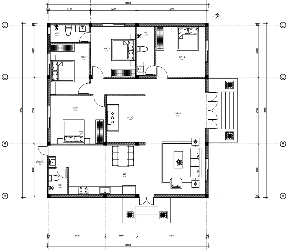 Bản vẽ mặt bằng công năng mẫu nhà vườn 1 tầng 4 phòng ngủ của anh Sinh tại Trung Sơn.