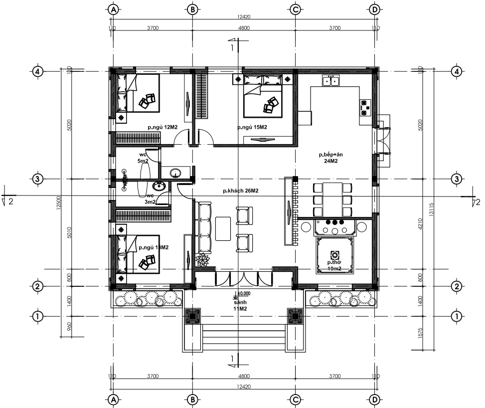 Bản vẽ mặt bằng bố trí nội thất nhà mái Nhật 3 phòng ngủ diện tích 125m2