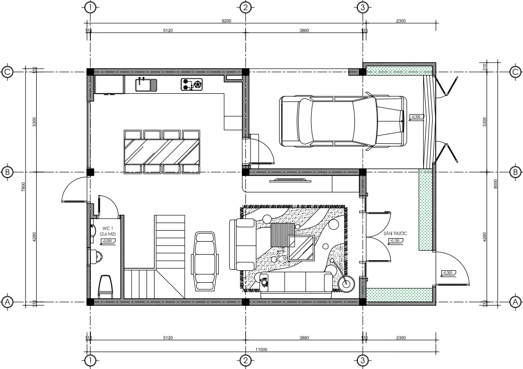 Bản vẽ bố trí mặt bằng nội thất tầng 1 công trình nhà ở gia đình anh Thìn tại Thái Nguyên.