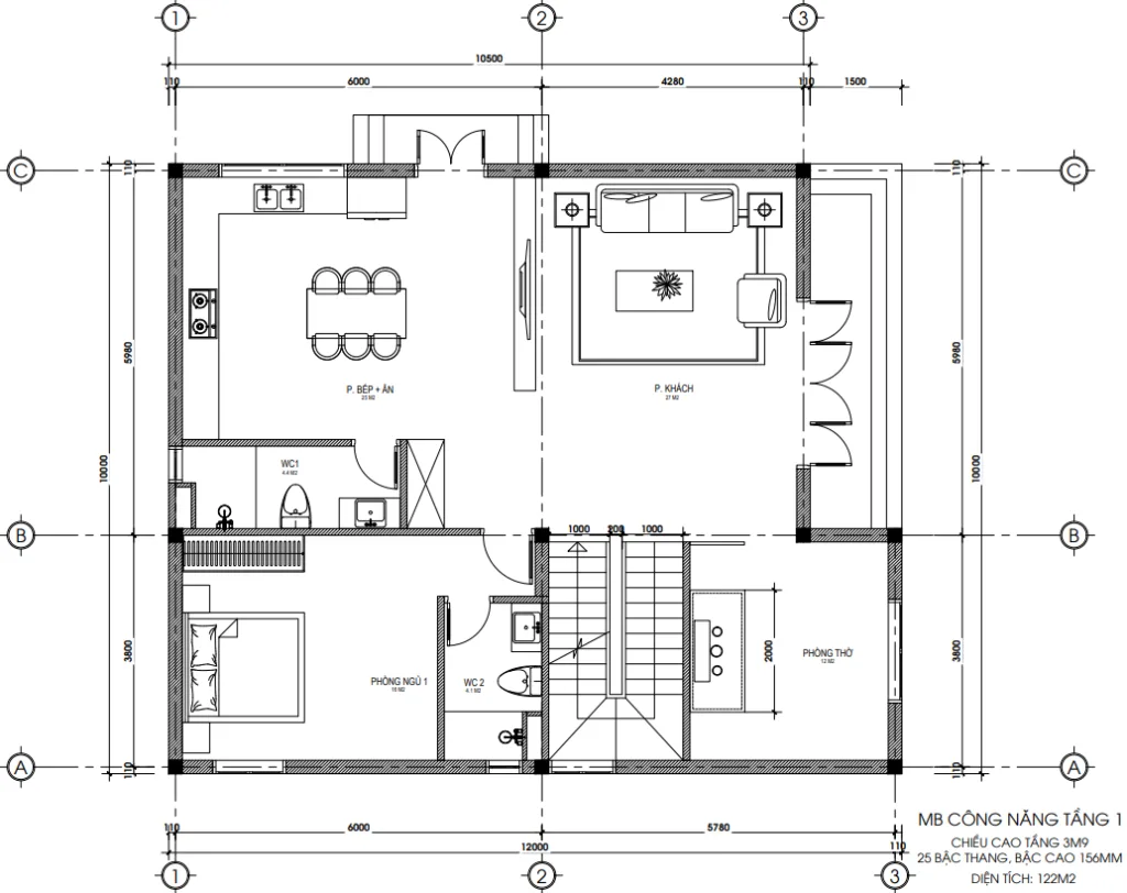 Bản vẽ bố trí công năng tầng 1 mẫu nhà 2 tầng hiện đại diện tích 122m2 có phòng thờ.