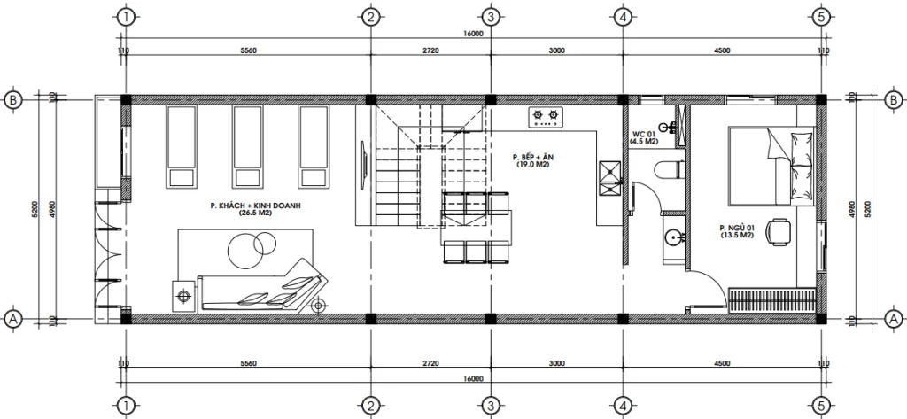 Bản vẽ bố trí công năng tầng 1 mẫu nhà phố 2 tầng 1 tum hiện đại diện tích 83m2 tối ưu kinh doanh.