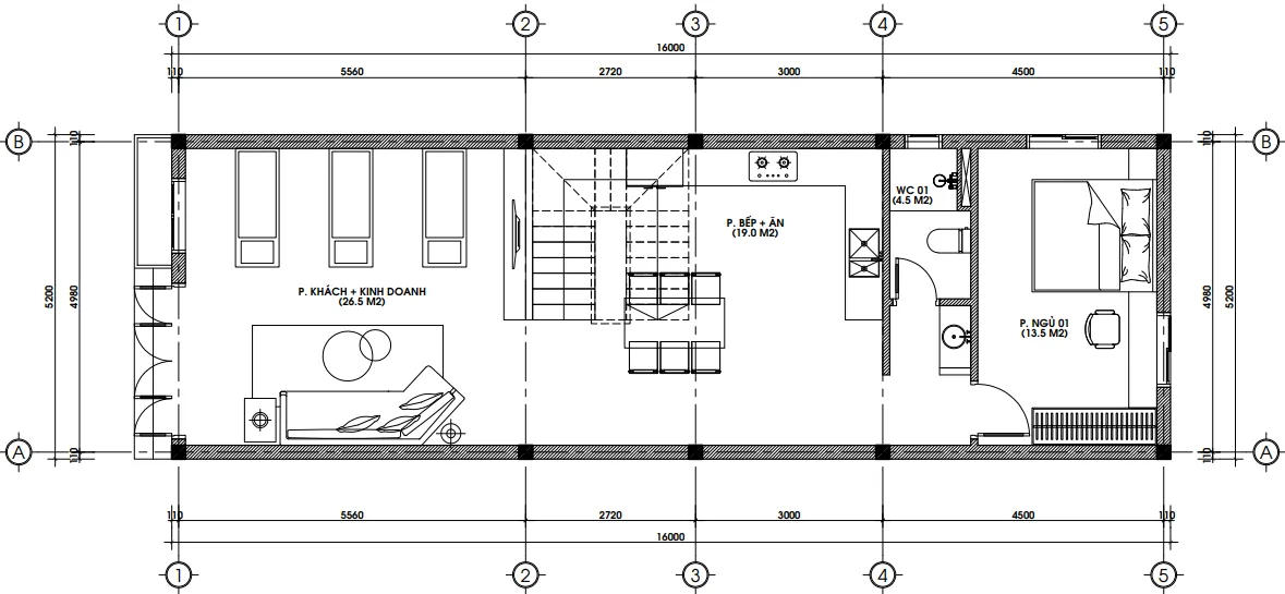 Bản vẽ bố trí công năng tầng 1 mẫu nhà phố 2 tầng 1 tum hiện đại diện tích 83m2 tối ưu kinh doanh.