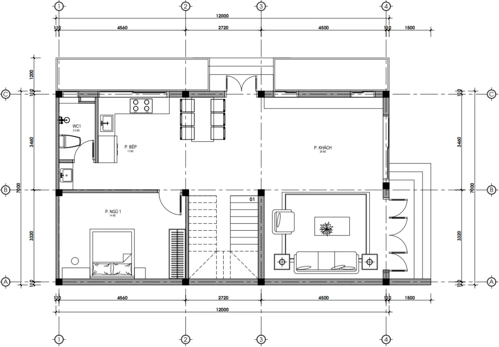 Bản vẽ bố trí công năng tầng 1 mẫu thiết kế nhà đẹp tại Hưng Yên diện tích 95m2 gồm phòng khách và bếp.