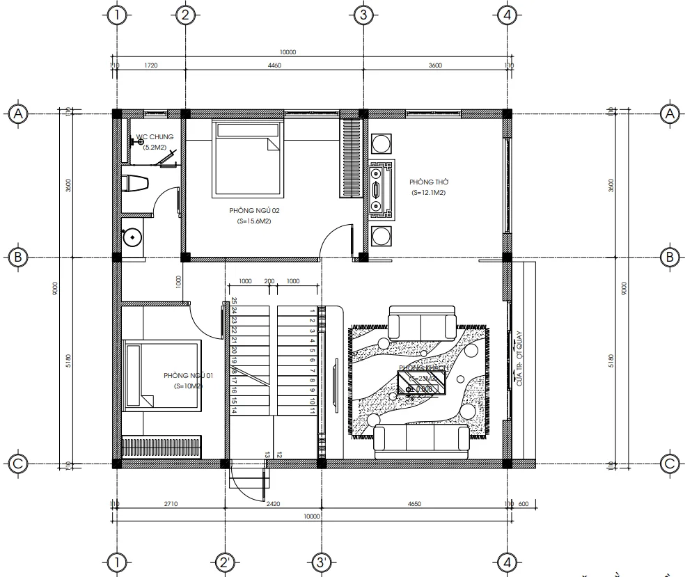 Bản vẽ bố trí công năng tầng 1 mẫu nhà 2 tầng hiện đại diện tích 93m2 gồm phòng khách và phòng thờ.