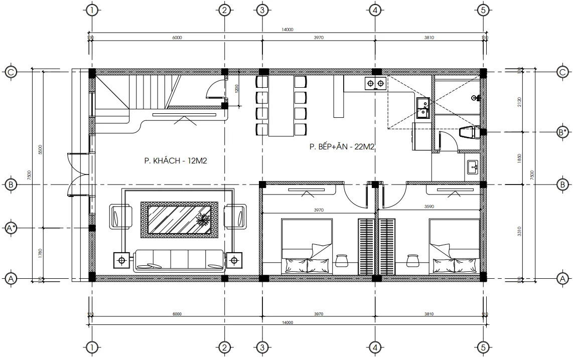 Bản vẽ bố trí công năng tầng 1 mẫu nhà ống 2 tầng hiện đại diện tích 105m2.