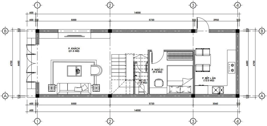 Bản vẽ mặt bằng tầng 1 mẫu nhà ống 3 tầng đẹp diện tích 68m2 gồm phòng khách 21.5m2 và phòng bếp.