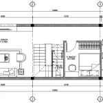 Bản vẽ mặt bằng tầng 1 mẫu nhà ống 3 tầng đẹp diện tích 68m2 gồm phòng khách 21.5m2 và phòng bếp.