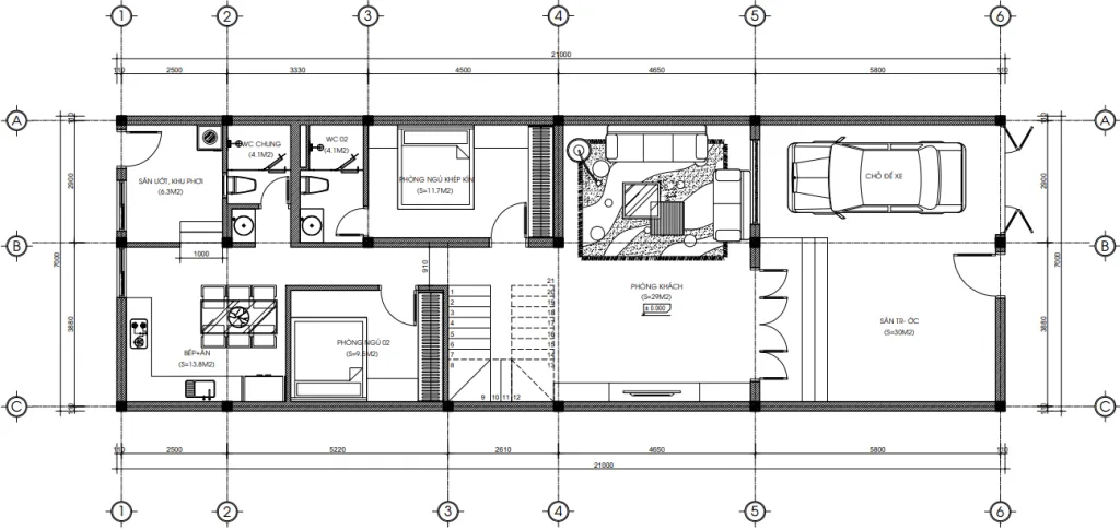 Bản vẽ bố trí công năng tầng 1 mẫu nhà phố 2 tầng hiện đại tại Hải Phòng diện tích 147m2.