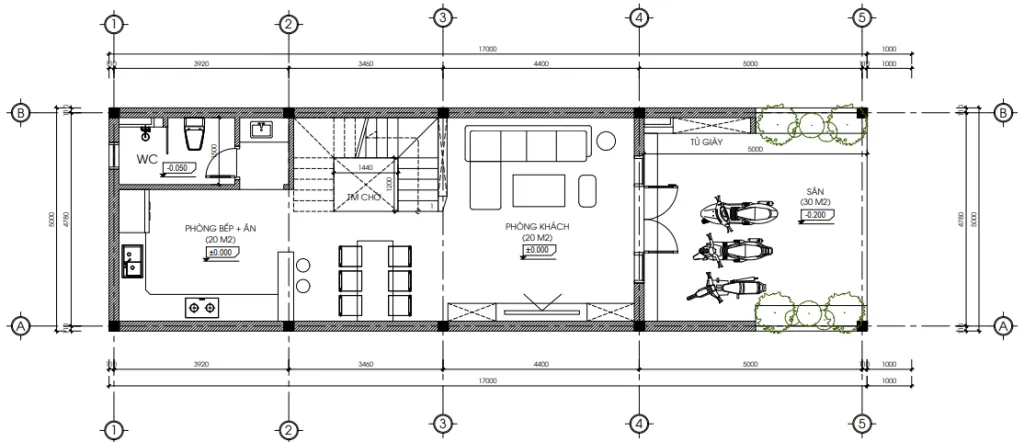 Bản vẽ bố trí công năng tầng 1 mẫu nhà phố 3 tầng hiện đại tại Hải Phòng diện tích 60m2.