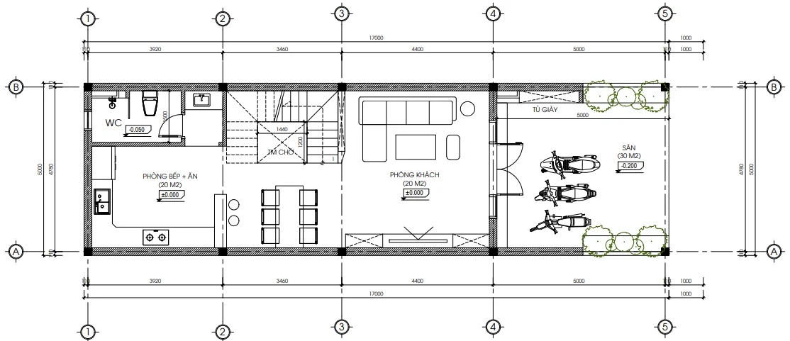 Bản vẽ bố trí công năng tầng 1 mẫu nhà phố 3 tầng hiện đại tại Hải Phòng diện tích 60m2.