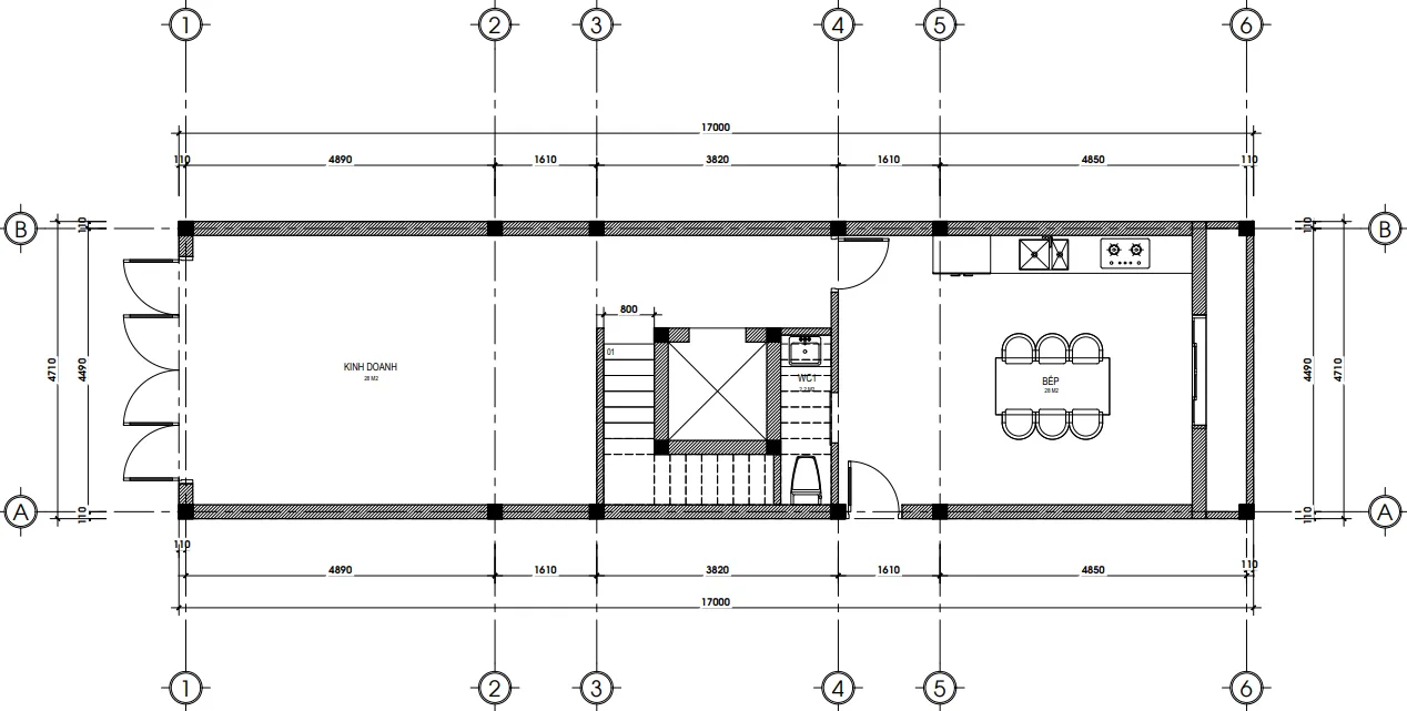 Bản vẽ mặt bằng công năng tầng 1 kết hợp kinh doanh mẫu nhà phố hiện đại 5 tầng tại Sóc Sơn.