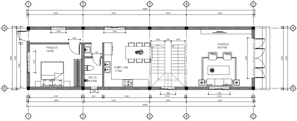 Bản vẽ mặt bằng tầng 1 mẫu nhà phố 5x18m có phòng khách 24.5m2 và phòng ngủ tầng 1.