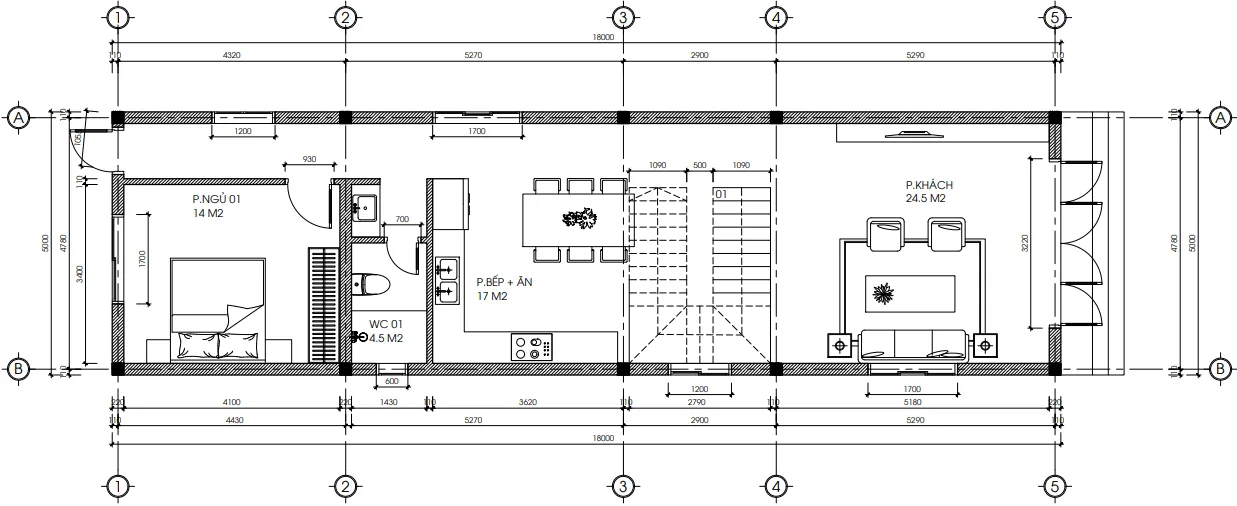 Bản vẽ mặt bằng tầng 1 mẫu nhà phố 5x18m có phòng khách 24.5m2 và phòng ngủ tầng 1.