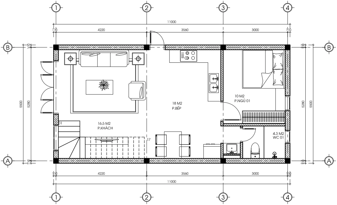 Bản vẽ bố trí công năng tầng 1 mẫu nhà phố 2 tầng hiện đại diện tích 60.5m2 của Anh Hiếu.