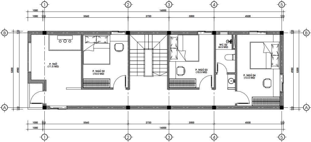 Bản vẽ bố trí công năng tầng 2 mẫu nhà phố 2 tầng 1 tum hiện đại diện tích 83m2.