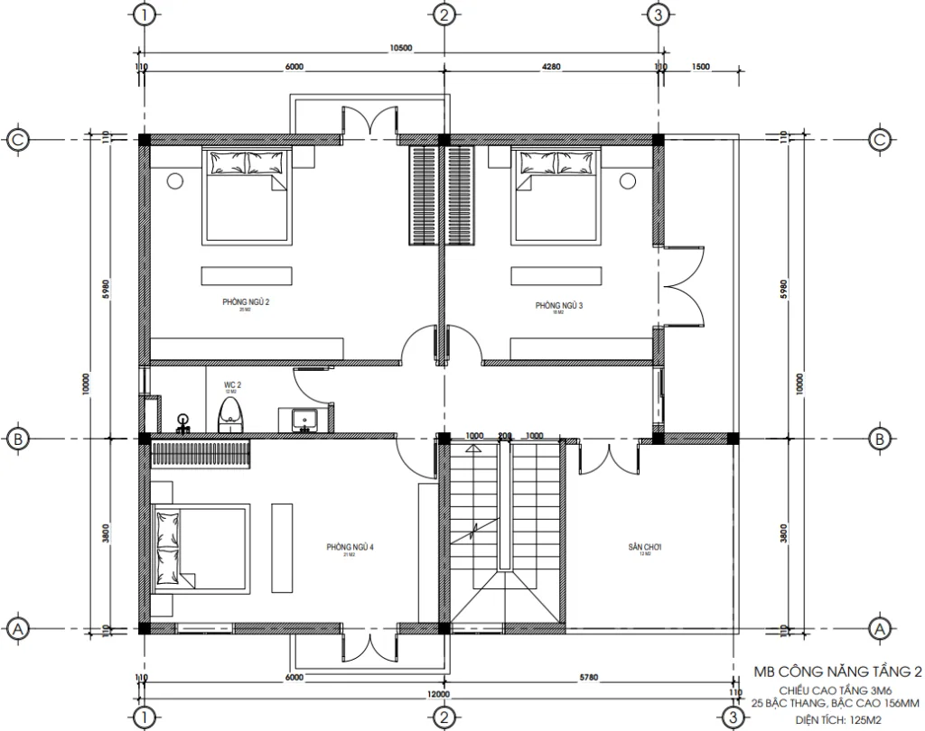 Bản vẽ bố trí công năng tầng 2 mẫu nhà 2 tầng hiện đại diện tích 125m2.