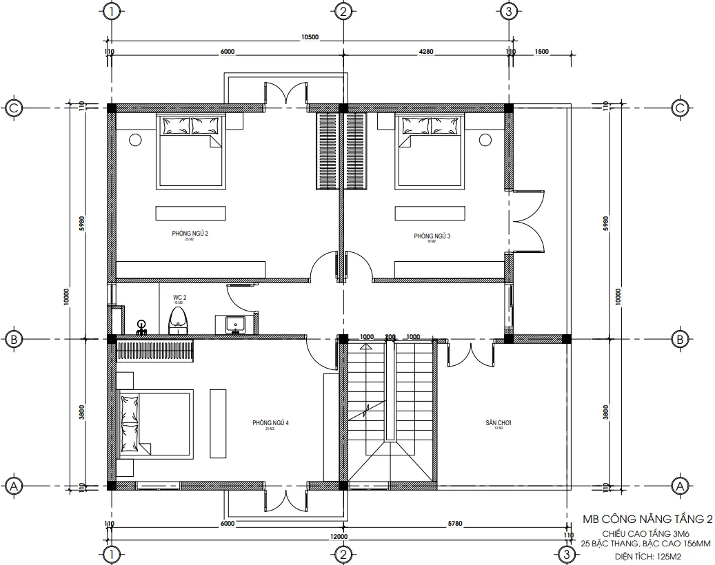 Bản vẽ bố trí công năng tầng 2 mẫu nhà 2 tầng hiện đại diện tích 125m2.