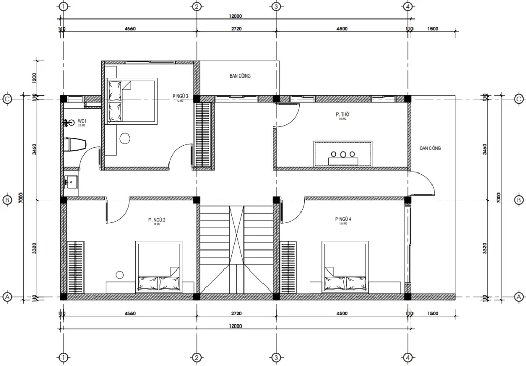 Bản vẽ bố trí công năng tầng 2 mẫu thiết kế nhà đẹp tại Hưng Yên diện tích 100m2 với 3 phòng ngủ và phòng thờ.