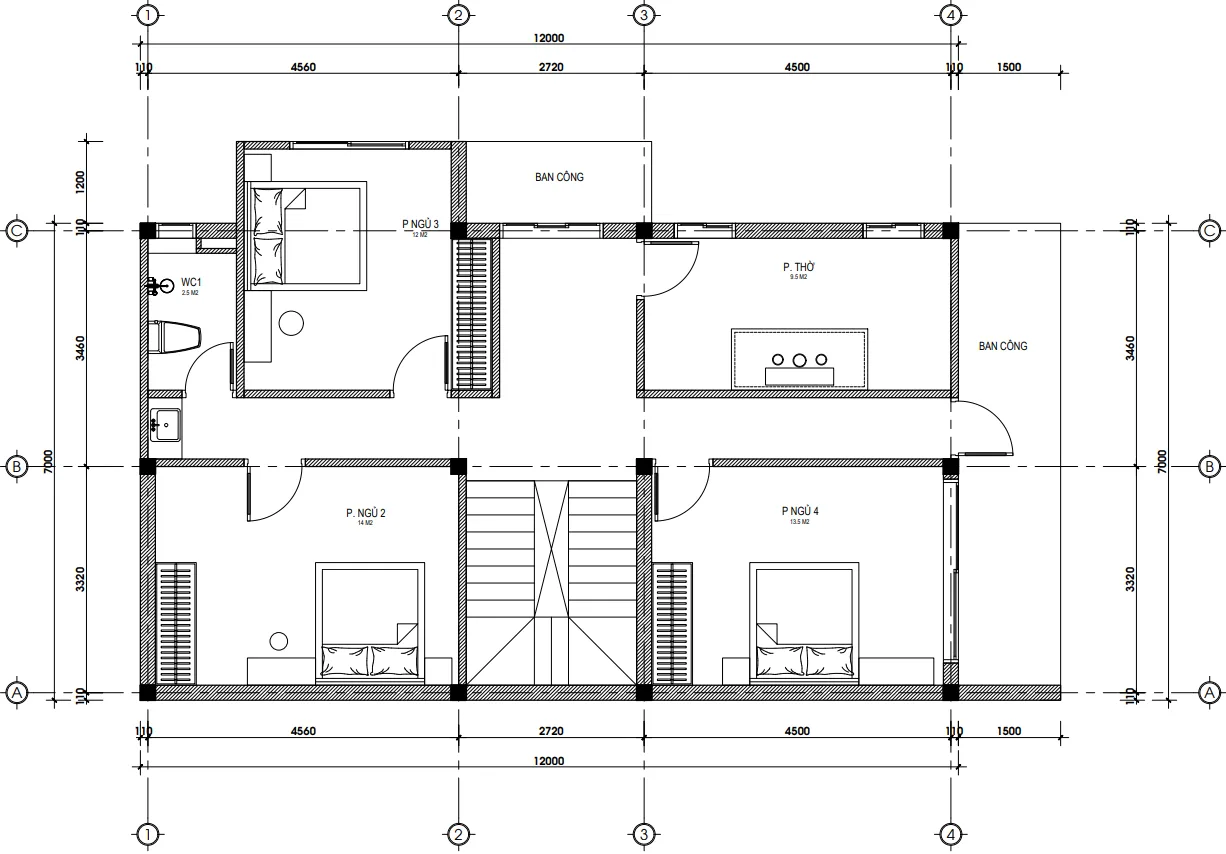 Bản vẽ bố trí công năng tầng 2 mẫu thiết kế nhà đẹp tại Hưng Yên diện tích 100m2 với 3 phòng ngủ và phòng thờ. 