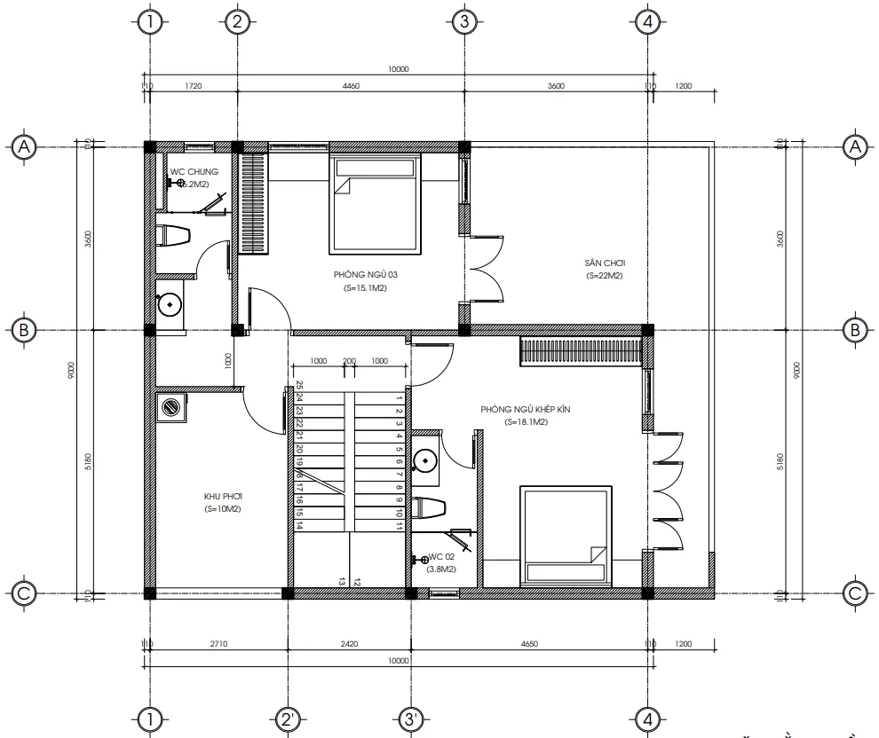 Bản vẽ bố trí công năng tầng 2 mẫu nhà 2 tầng hiện đại diện tích 80m2 gồm 2 phòng ngủ, sân chơi và sân phơi.