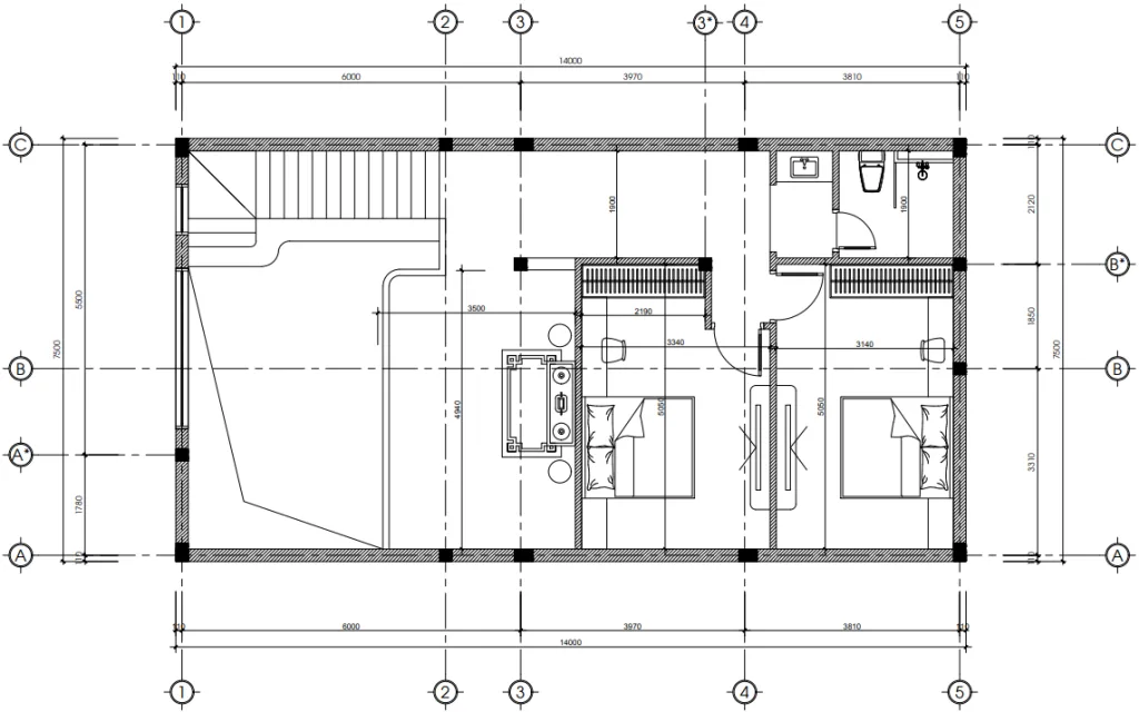 Bản vẽ bố trí công năng tầng 2 mẫu nhà ống 2 tầng hiện đại diện tích 105m2.