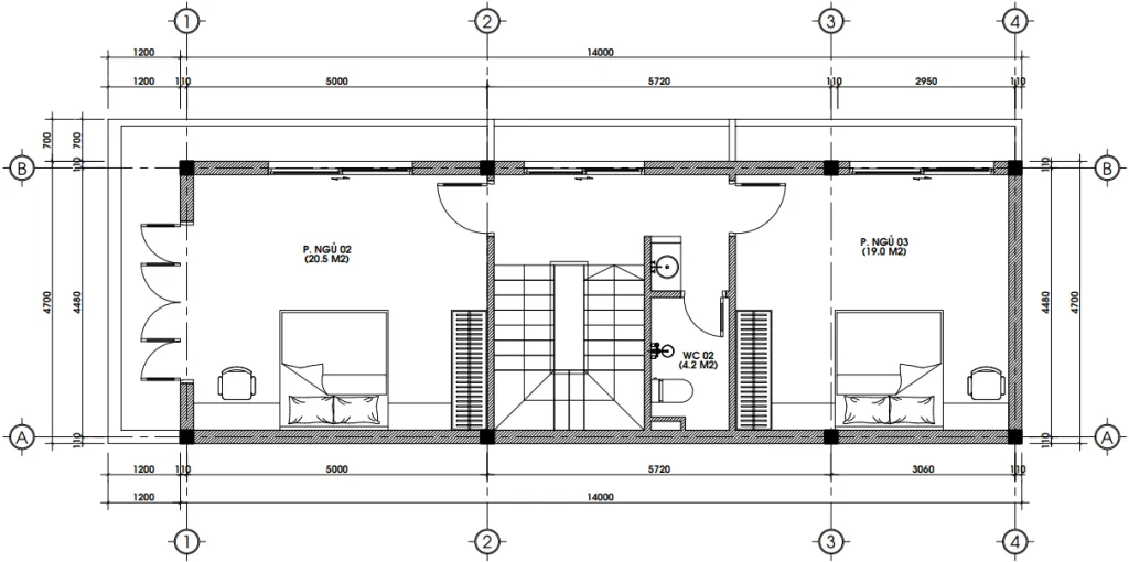 Bản vẽ mặt bằng tầng 2 mẫu nhà ống 3 tầng đẹp diện tích 68m2 gồm 2 phòng ngủ.