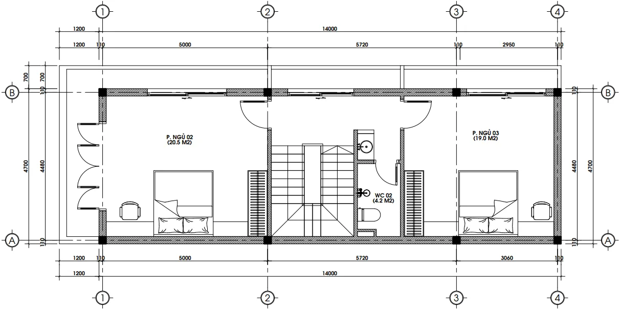 Bản vẽ mặt bằng tầng 2 mẫu nhà ống 3 tầng đẹp diện tích 68m2 gồm 2 phòng ngủ.