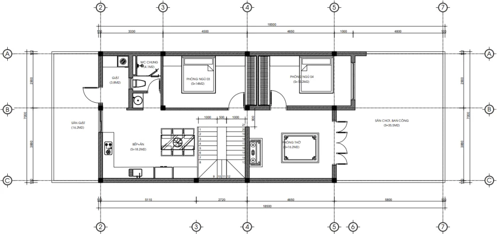 Bản vẽ chi tiết tầng 2 mẫu nhà phố 2 tầng hiện đại tại Hải Phòng công năng 4 phòng ngủ.