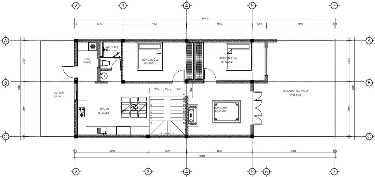 Bản vẽ chi tiết tầng 2 mẫu nhà phố 2 tầng hiện đại tại Hải Phòng công năng 4 phòng ngủ.