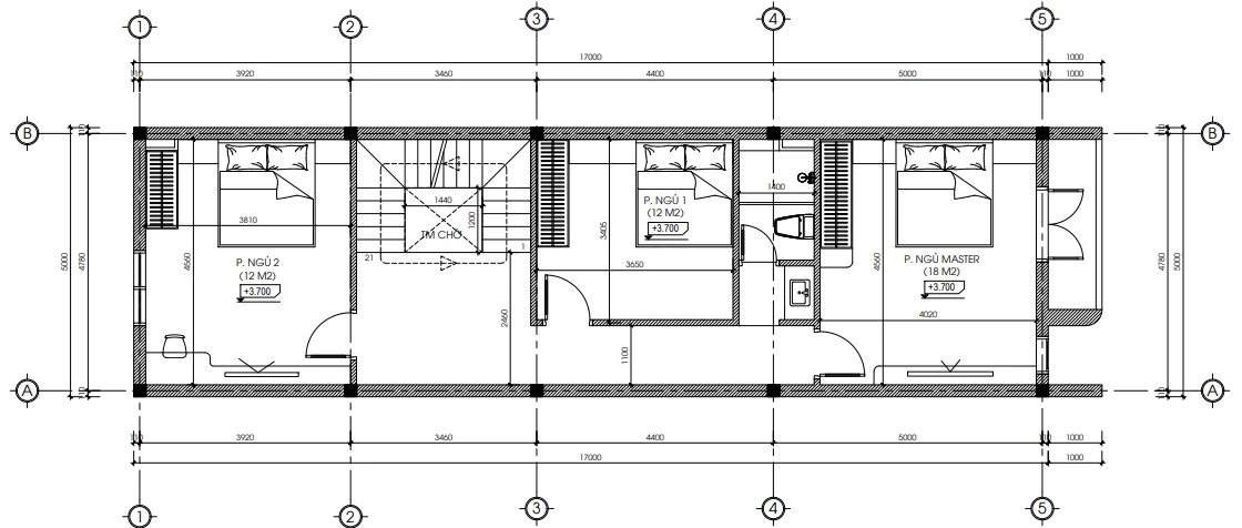 Bản vẽ bố trí công năng tầng 2 mẫu nhà phố 3 tầng hiện đại tại Hải Phòng diện tích 90m2.