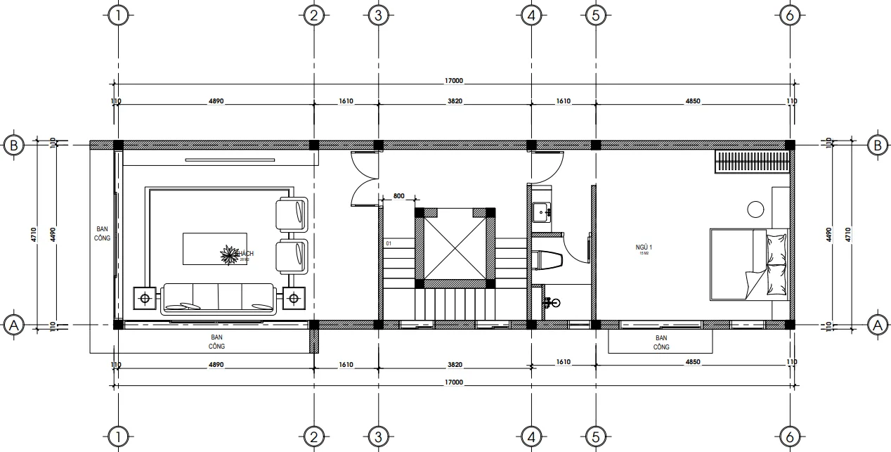Bản vẽ mặt bằng công năng tầng 2 mẫu nhà phố hiện đại 5 tầng tại Sóc Sơn.