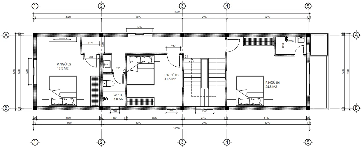 Bản vẽ mặt bằng tầng 2 mẫu nhà phố 5x18m diện tích 95m2.