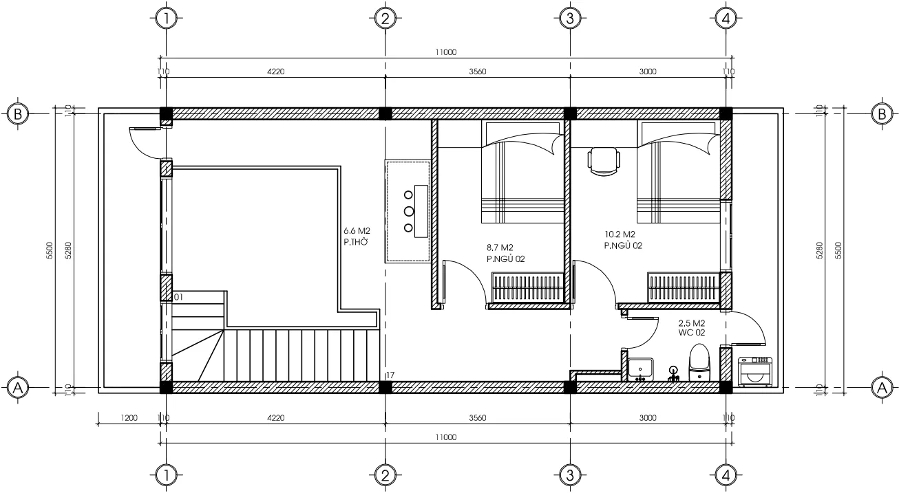 Bản vẽ bố trí công năng tầng 2 mẫu nhà phố 2 tầng hiện đại diện tích 60.5m2 của Anh Hiếu.