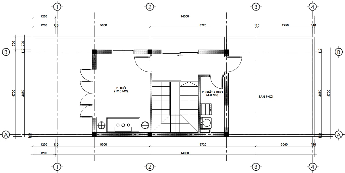 Bản vẽ mặt bằng tầng 3 mẫu nhà ống 3 tầng đẹp diện tích 37m2 gồm phòng thờ.