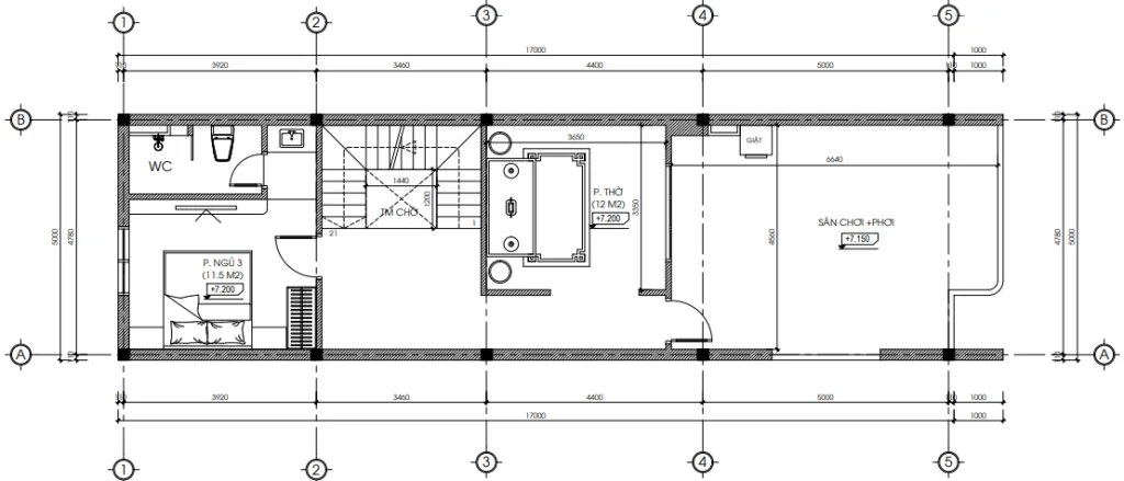 Bản vẽ bố trí công năng tầng 3 mẫu nhà phố 3 tầng hiện đại tại Hải Phòng diện tích 65m2.
