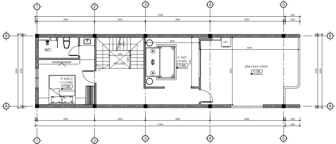 Bản vẽ bố trí công năng tầng 3 mẫu nhà phố 3 tầng hiện đại tại Hải Phòng diện tích 65m2.