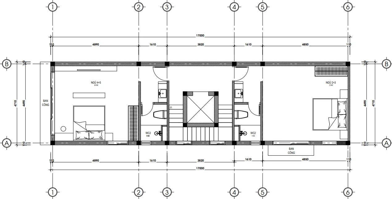 Bản vẽ mặt bằng công năng tầng 3+4 mẫu nhà phố hiện đại 5 tầng tại Sóc Sơn.