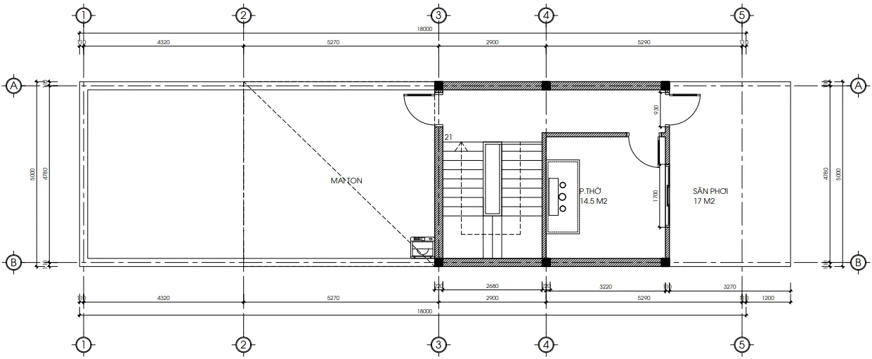 Bản vẽ mặt bằng tầng 2 mẫu nhà phố 5x18m diện tích 35m2.