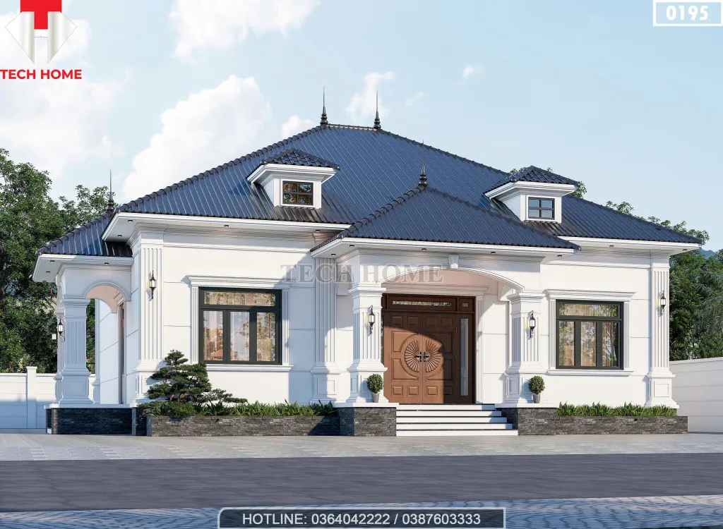 mẫu nhà vườn 1 tầng 4 phòng ngủ với phong cách tân cổ điển nhẹ nhàng.