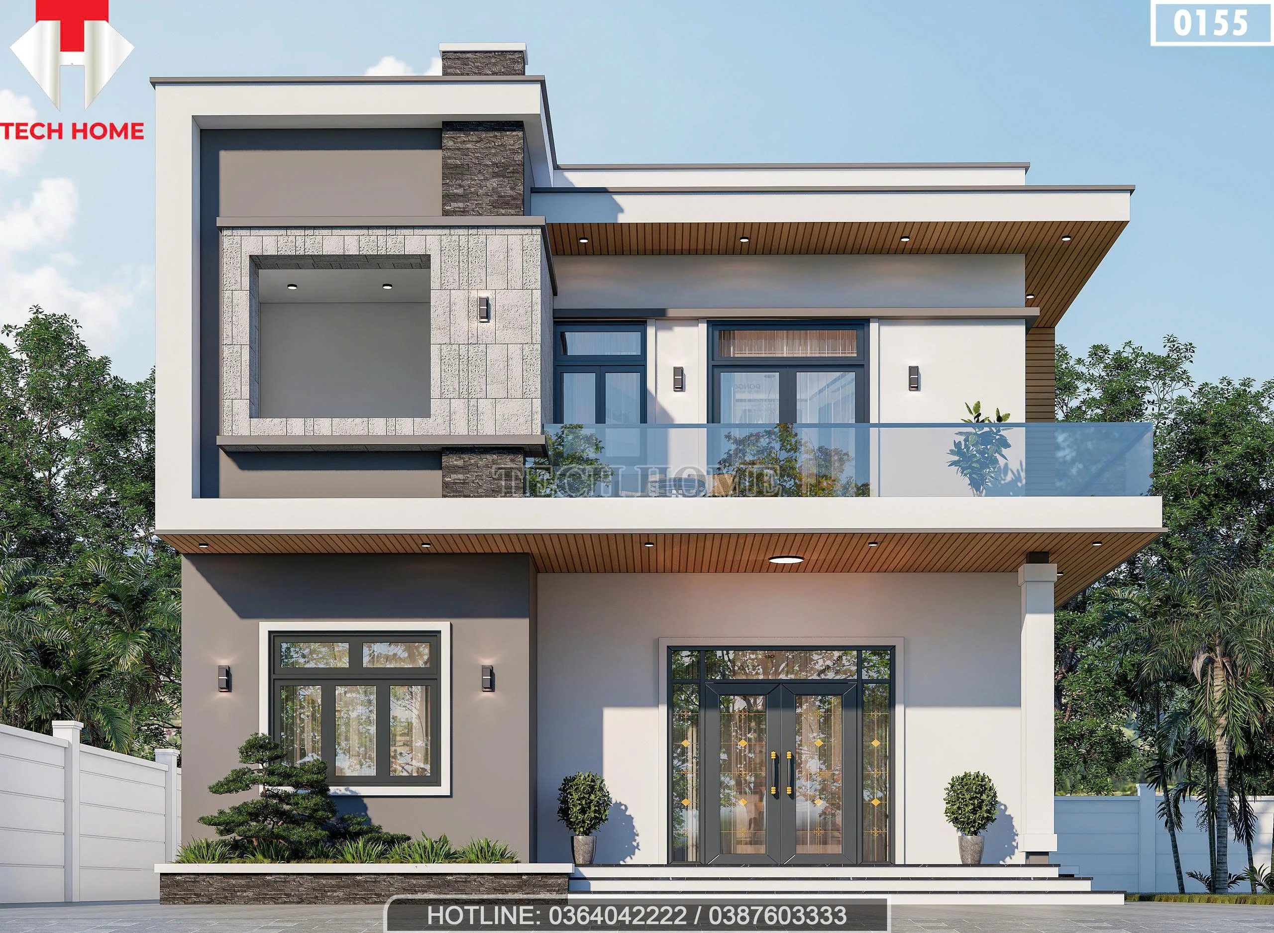 Phối cảnh mặt tiền mẫu nhà 2 tầng hiện đại mái bằng sang trọng diện tích 122m2.