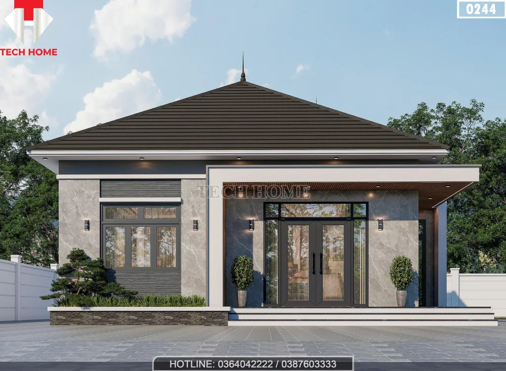 Phối cảnh mặt tiền chính diện mẫu nhà cấp 4 mái Nhật 3 phòng ngủ hiện đại tại Hưng Yên.