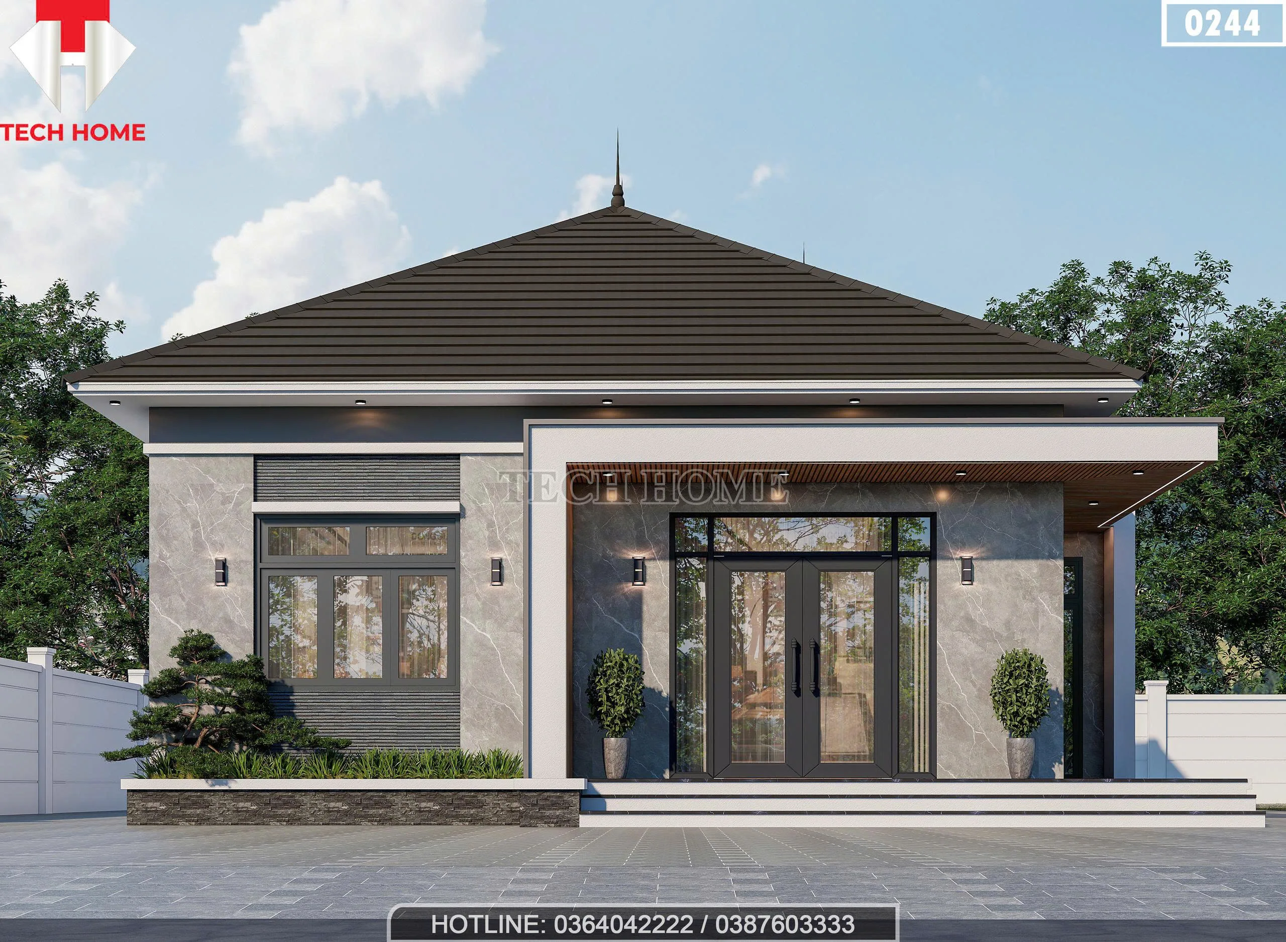 Phối cảnh mặt tiền chính diện mẫu nhà cấp 4 mái Nhật 3 phòng ngủ hiện đại tại Hưng Yên.