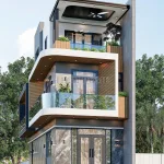 Phối cảnh mặt tiền mẫu nhà ống 3 tầng đẹp kiến trúc hiện đại, ban công bo góc tinh tế tại Bắc Ninh.