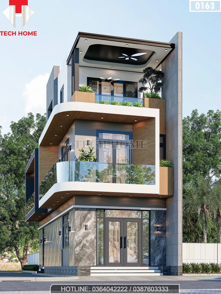 Phối cảnh mặt tiền mẫu nhà ống 3 tầng đẹp kiến trúc hiện đại, ban công bo góc tinh tế tại Bắc Ninh.
