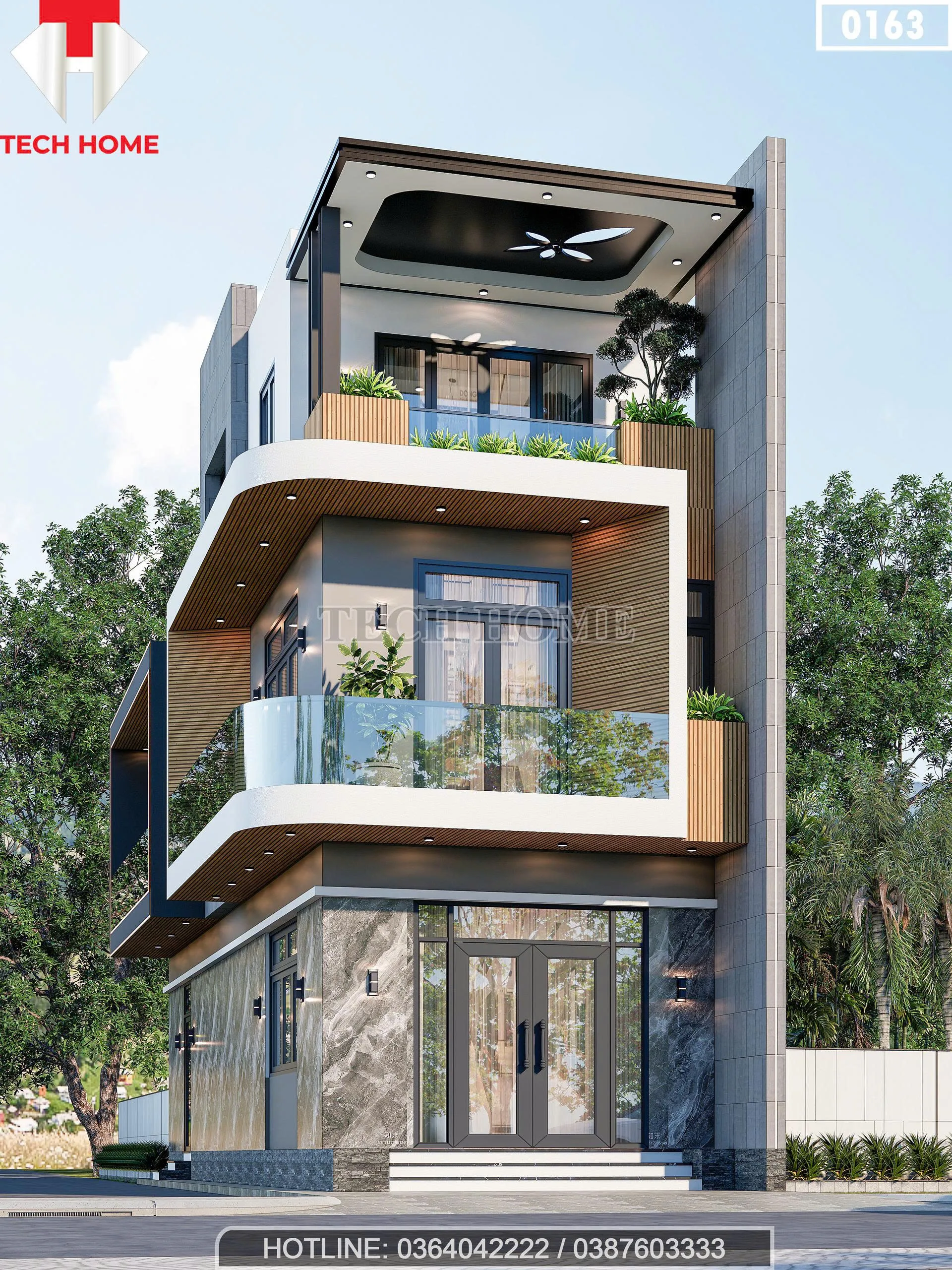 Phối cảnh mặt tiền mẫu nhà ống 3 tầng đẹp kiến trúc hiện đại, ban công bo góc tinh tế tại Bắc Ninh.