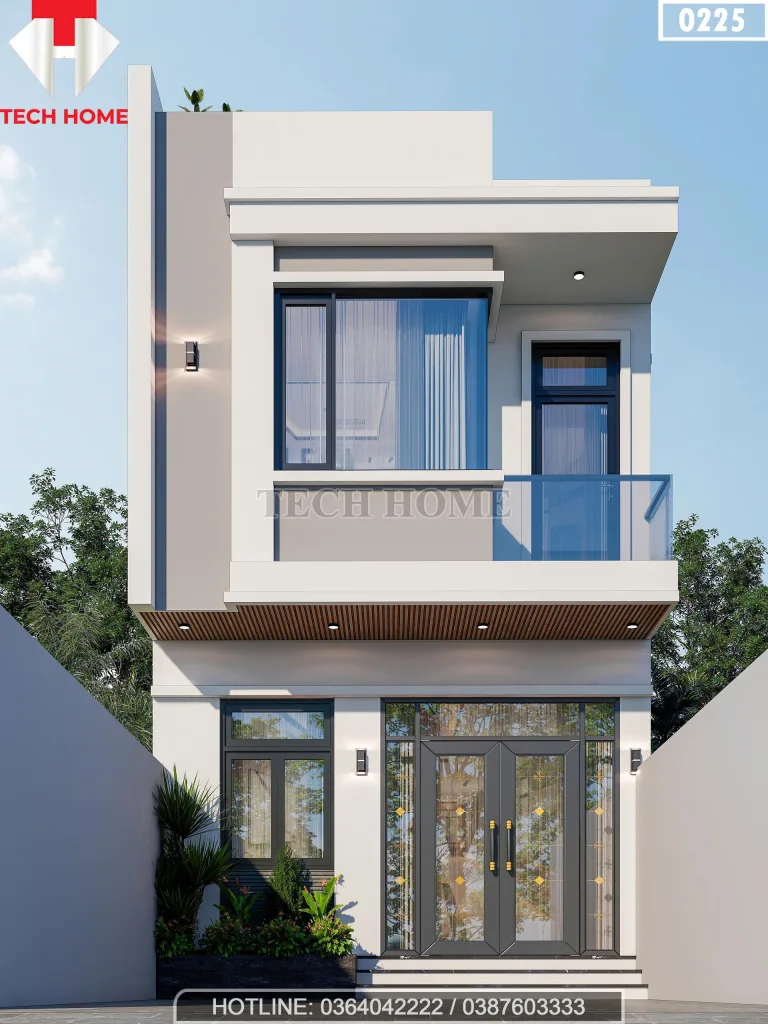 Phối cảnh mặt tiền mẫu nhà 2 tầng 1 tum hiện đại kết hợp kinh doanh tại Sóc Sơn của chị Yến.