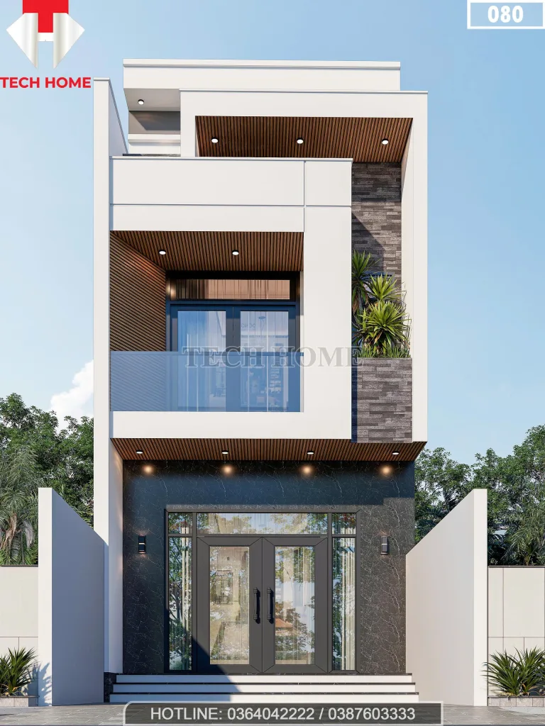 Phối cảnh mặt tiền mẫu nhà phố 2 tầng 1 tum hiện đại mặt tiền 5m tại Bắc Ninh.